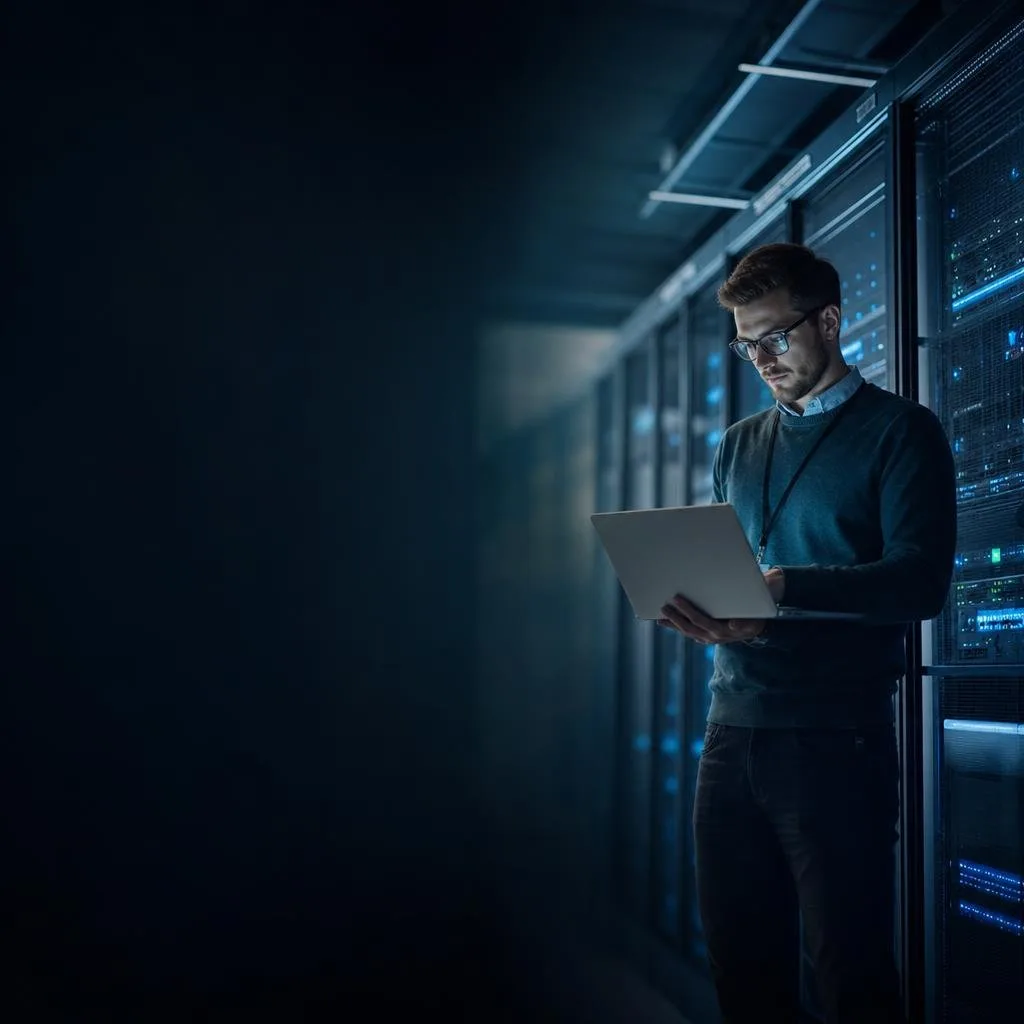 Secure data center with soft blue lighting